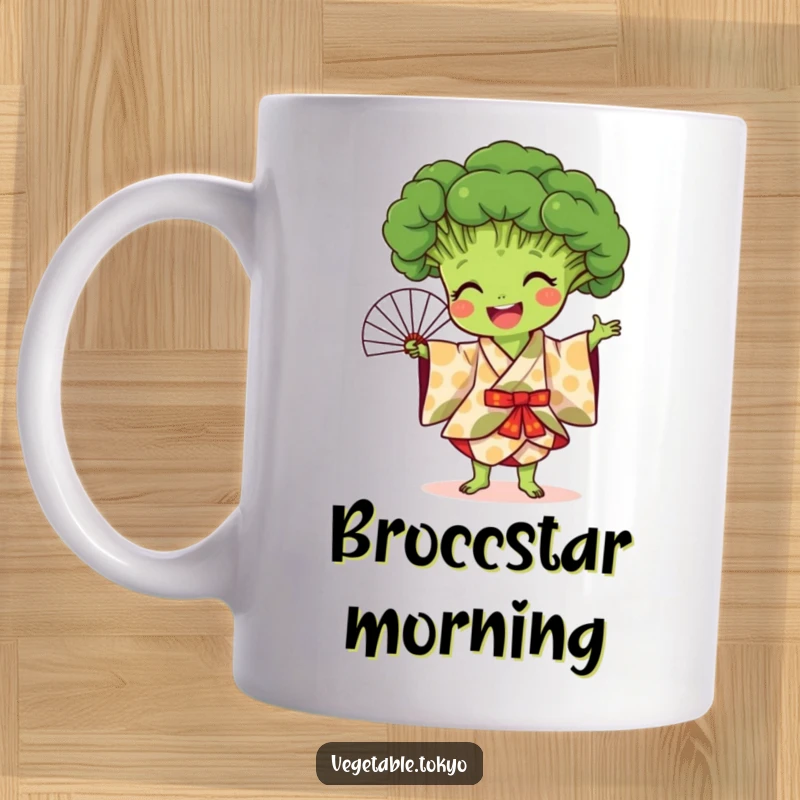 Funny mug depicting a joyful broccoli in a patterned kimono, performing an elegant fan dance with cheerful enthusiasm.