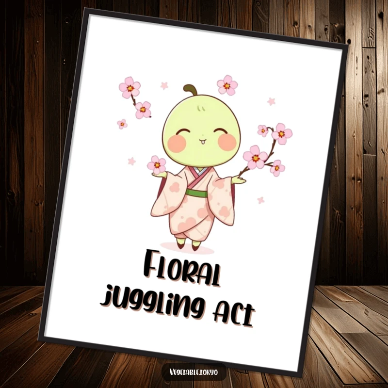 Funny digital art print of a delighted pea pod in a kimono, juggling cherry blossoms, offering immediate artistic whimsy and humor.