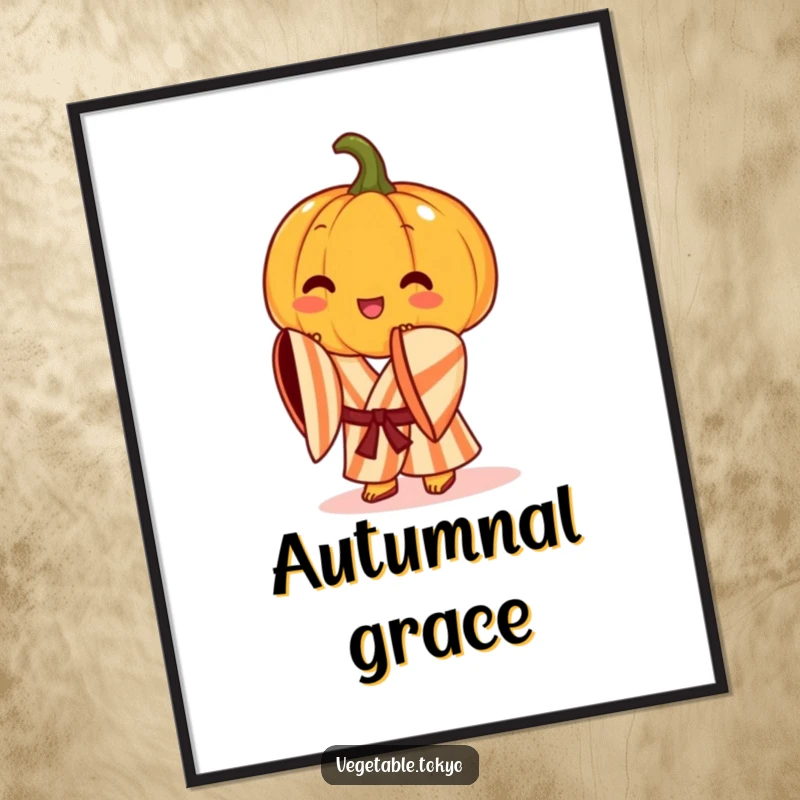 Funny digital art print of a cheerful pumpkin in a striped kimono, performing a graceful bow, offering immediate autumn elegance and humor.