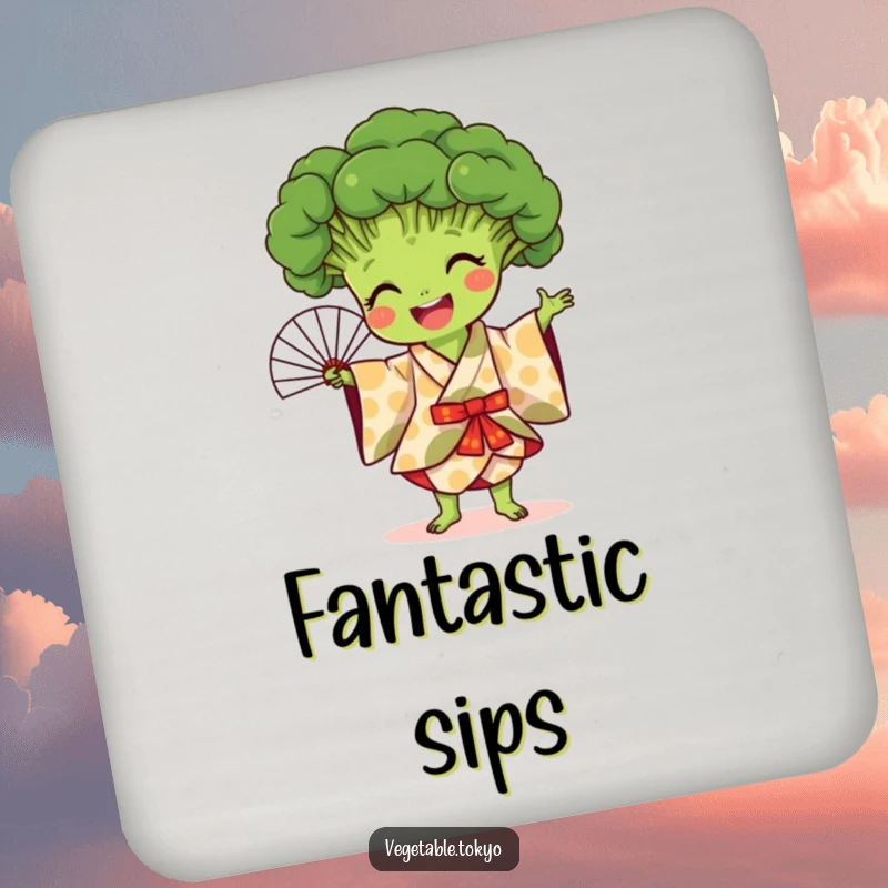 Funny coasters featuring a joyful broccoli in a patterned kimono, performing a fan dance, adding artistic and humorous protection.