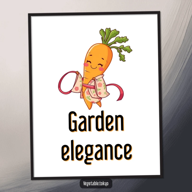 Funny poster of a smiling carrot in a floral kimono, elegantly twirling a ribbon, creating a cheerful and artistic statement.