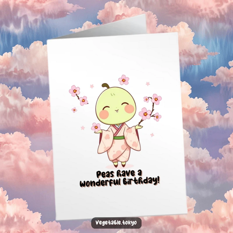 Funny Free Printable Birthday Card: A delighted pea pod in a kimono, expertly juggling delicate cherry blossoms with joy.