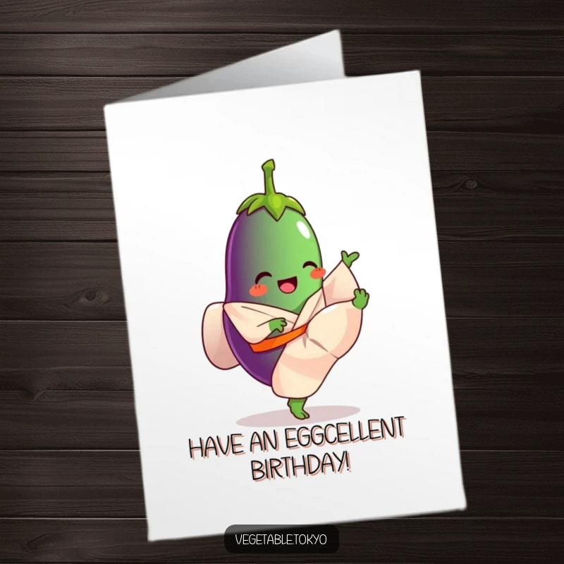 Funny Free Printable Birthday Card: A giggling eggplant in a flowing kimono, energetically kicking its leg high in celebration.