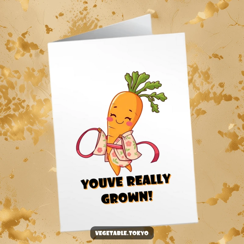 Funny Free Printable Congratulations Card of a smiling carrot in a floral kimono, twirling a ribbon with celebratory joy.