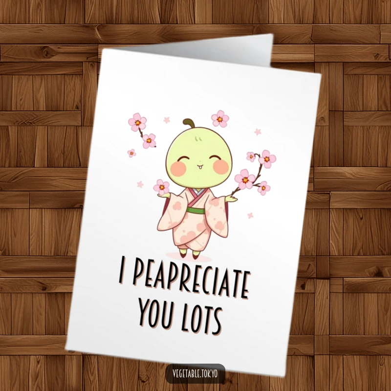 Funny Free Printable Thank You Card: A delighted pea pod in a kimono, juggling cherry blossoms to express heartfelt thanks.
