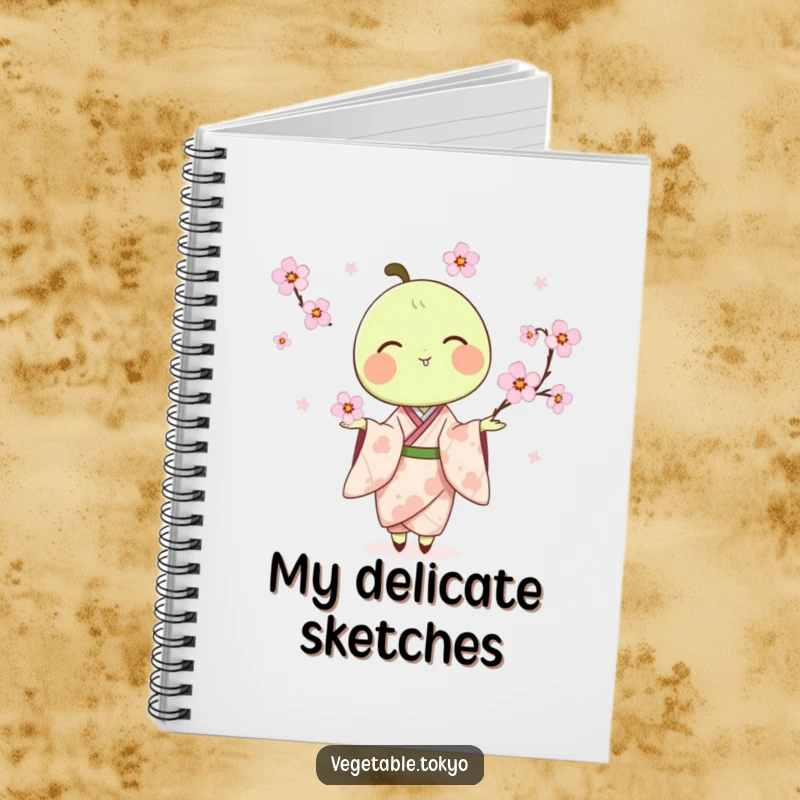 Funny notebook with a delighted pea pod in a kimono, juggling cherry blossoms, perfect for jotting down whimsical thoughts.