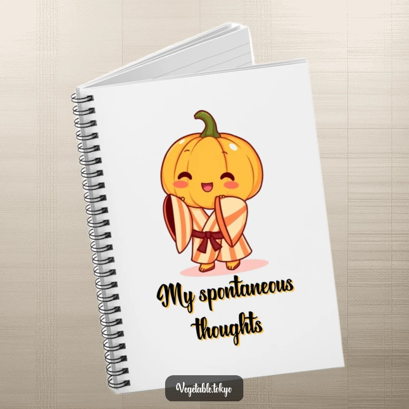 Funny notebook with a cheerful pumpkin in a striped kimono, doing a graceful bow, perfect for jotting down autumnal thoughts.